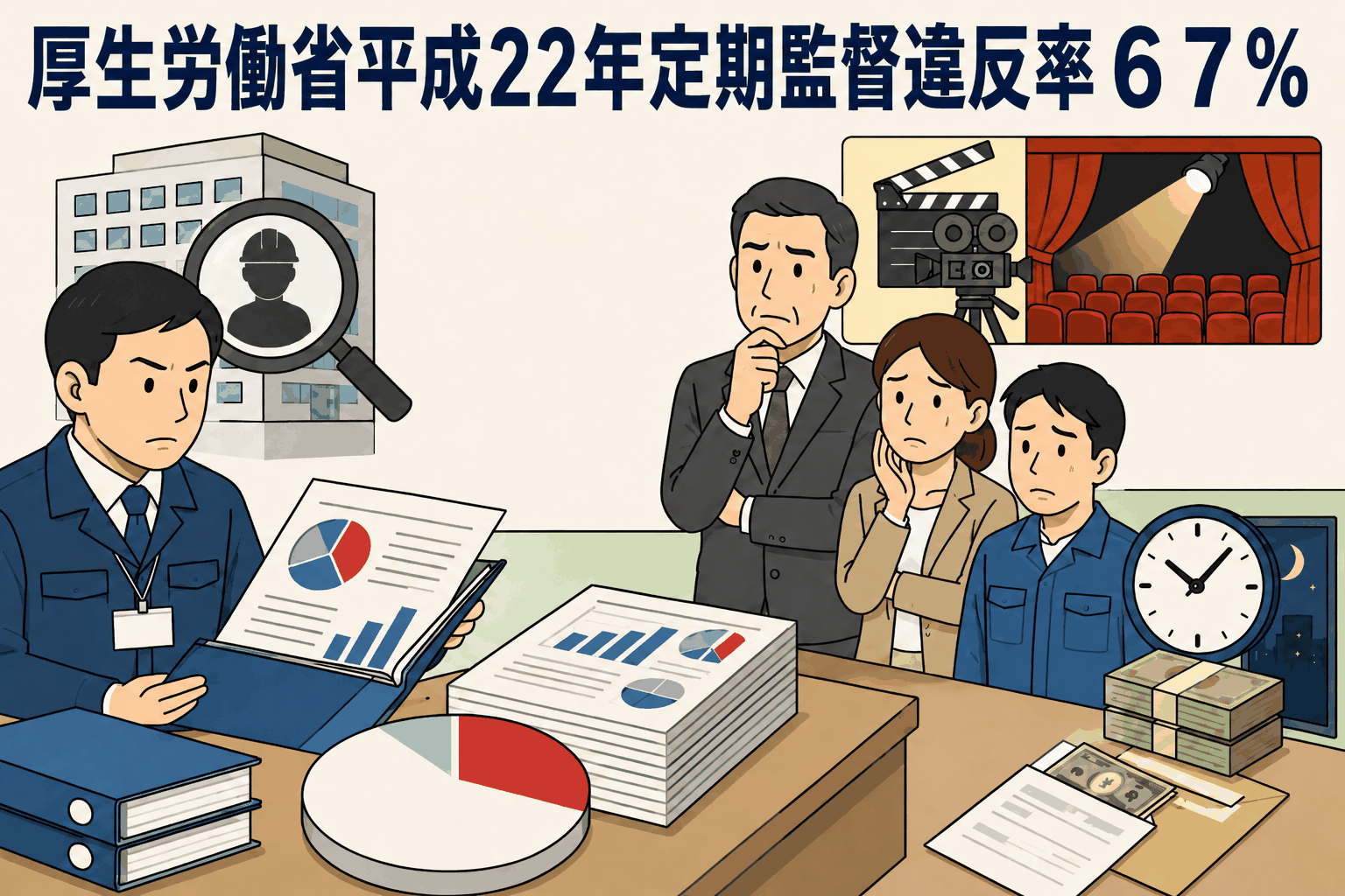 平成22年の定期監督等実施結果について、労働基準法・労働安全衛生法の違反率66.7％、対象12万959事業場、映画・演劇業の違反率83.9％、労働時間や割増賃金の違反が多いことを説明するビジネス漫画
