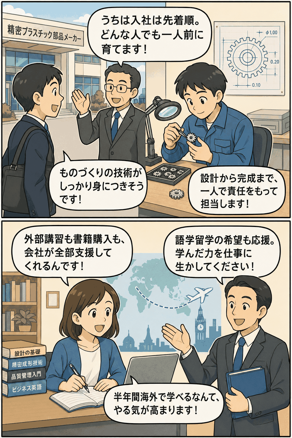 精密プラスチック部品メーカーの人材育成制度として、入社先着順採用、設計から完成まで一人で担う職人育成、外部講習・書籍購入・語学留学を支援する自己啓発制度を紹介する漫画風画像
