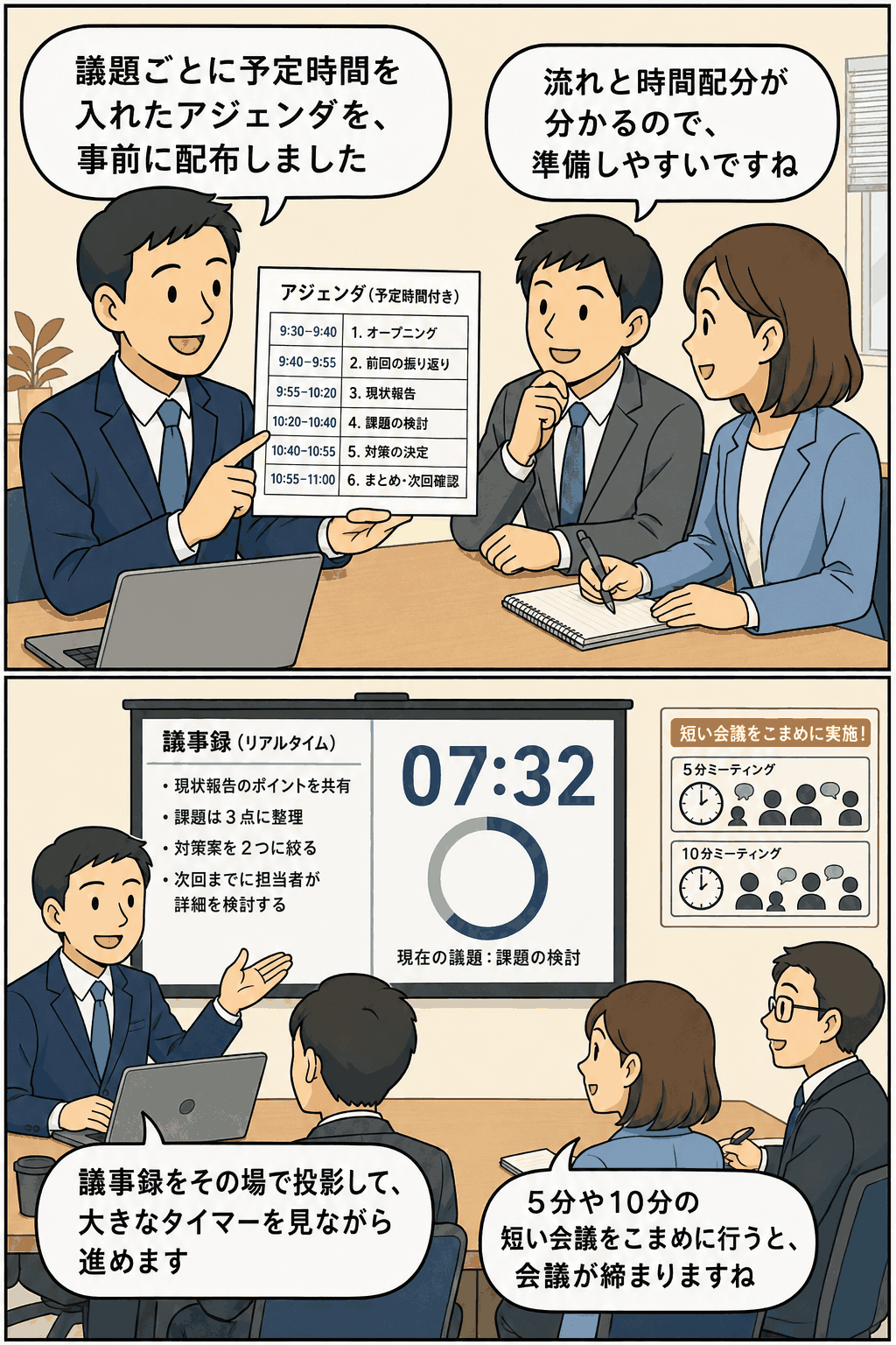 会議効率化の取り組みとして、時間配分付きアジェンダの事前配布、議事録のリアルタイム投影、大きなタイマーを使った時間管理、5分・10分の短時間会議を説明するビジネス漫画
