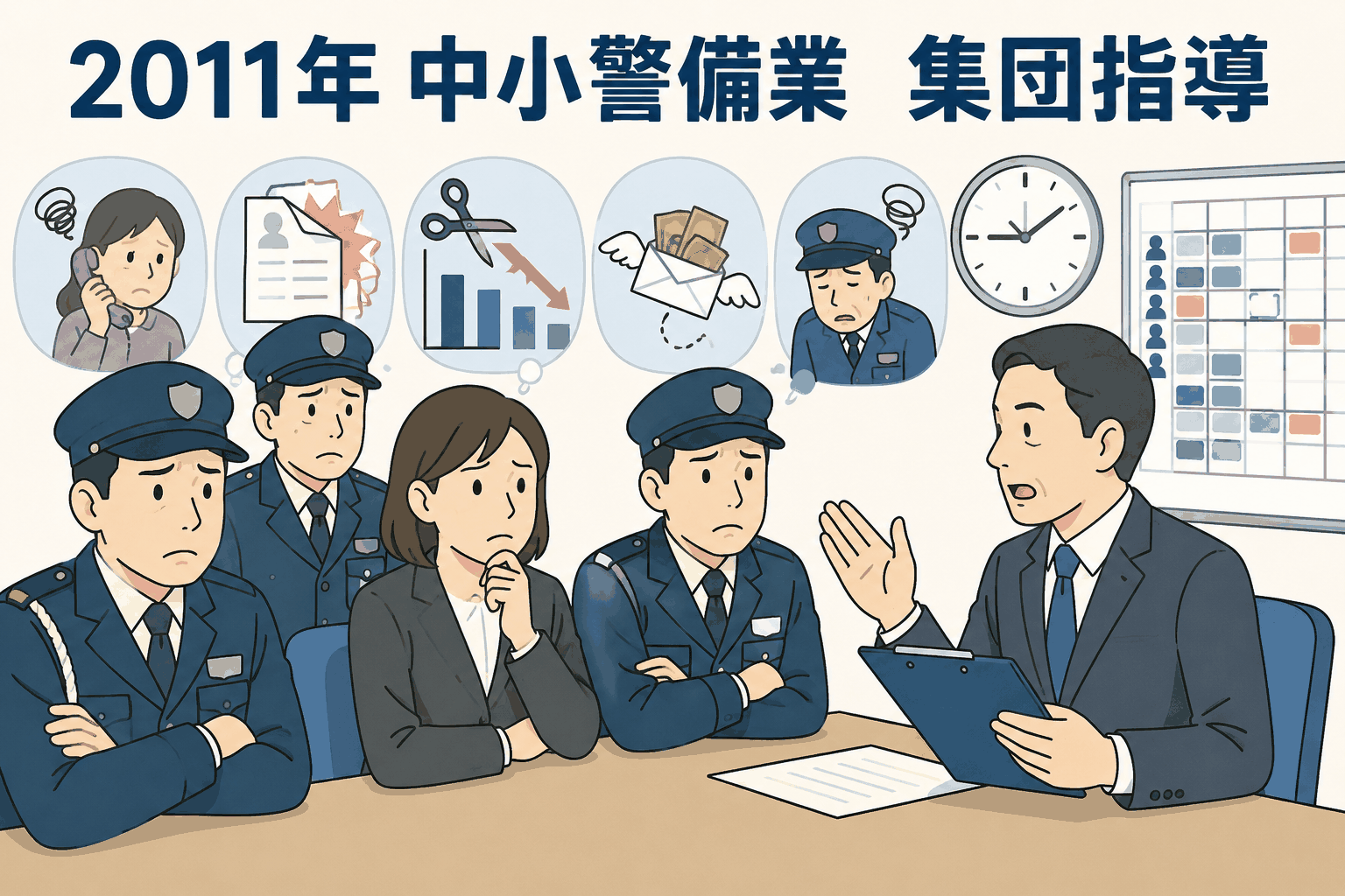 2011年に多摩地区の中小警備業を対象に、八王子・立川・青梅・三鷹・町田の5労基署が集団指導を行うイメージ