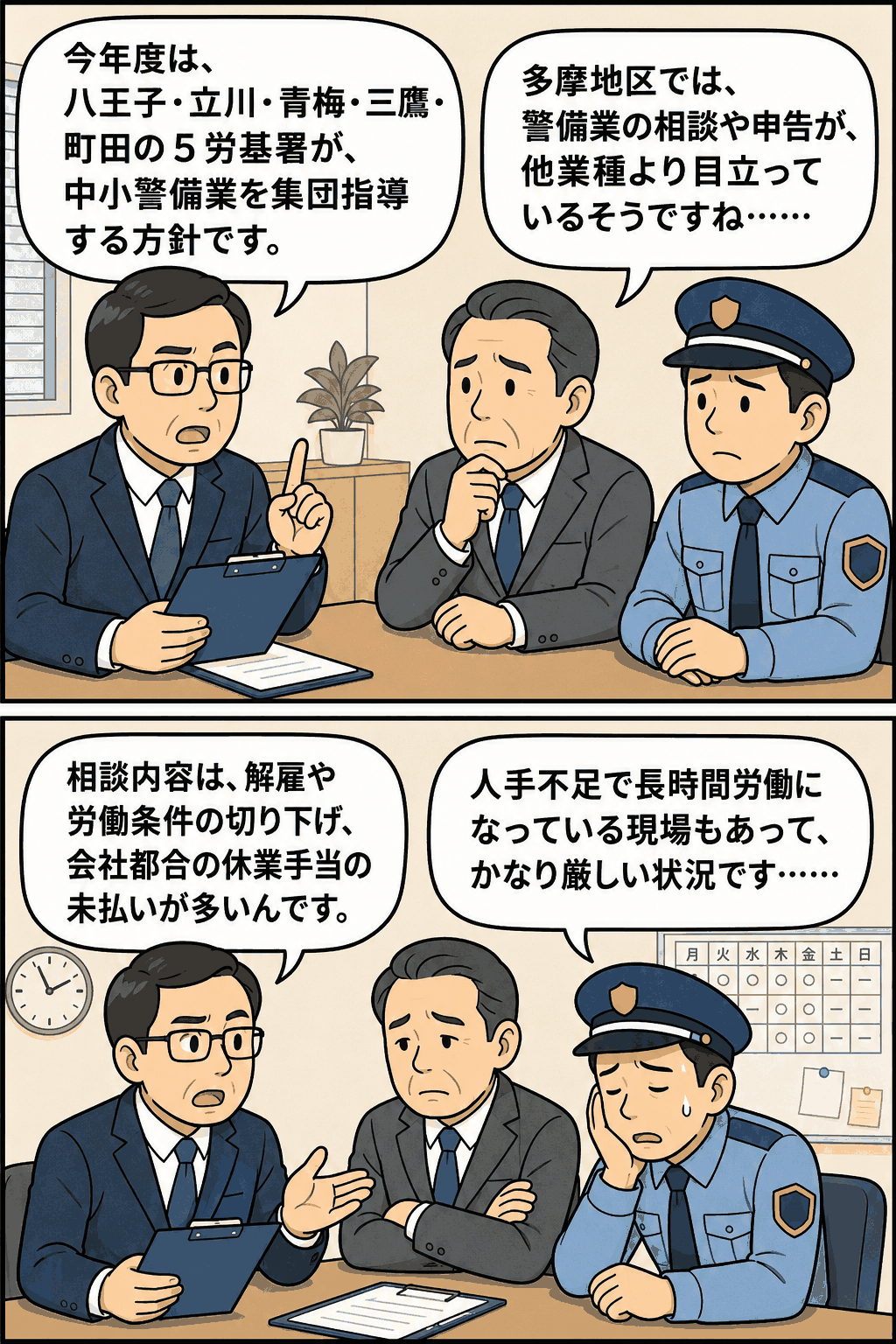 多摩地区の中小警備業を対象に、八王子・立川・青梅・三鷹・町田の5労基署が集団指導を行う方針について説明する漫画風イラスト