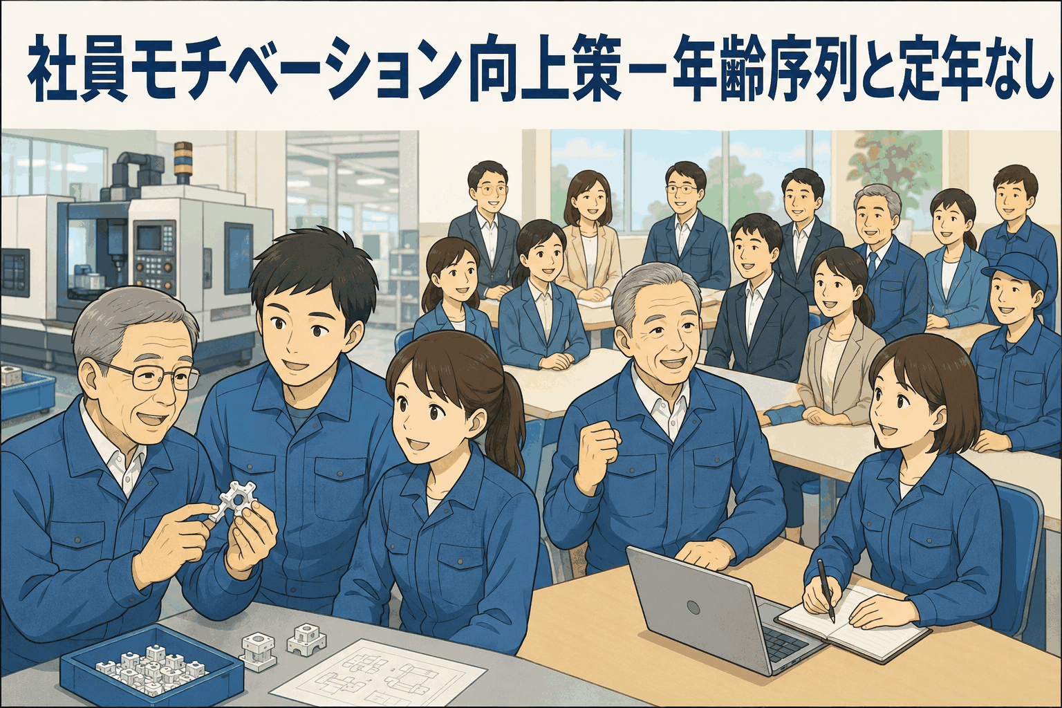社員モチベーション向上策として年齢序列・定年なし・全体会議を導入する製造業の社員たち