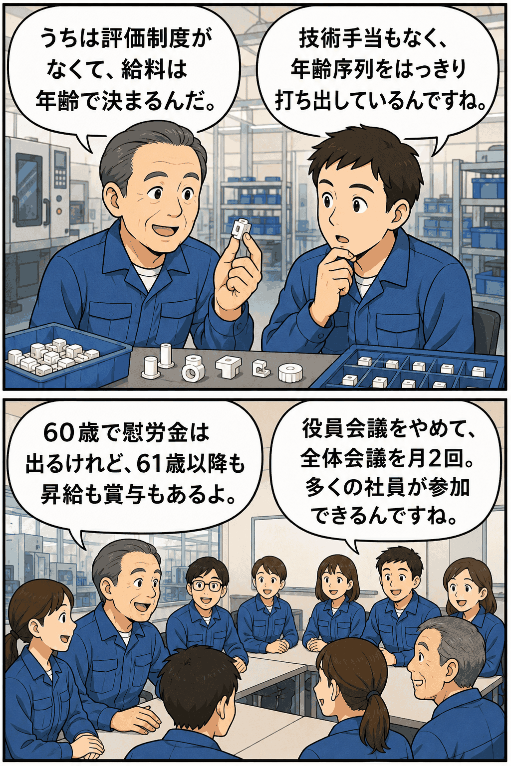 評価制度なし・年齢序列・定年なし・全体会議を導入するプラスチック精密部品メーカーの社員漫画