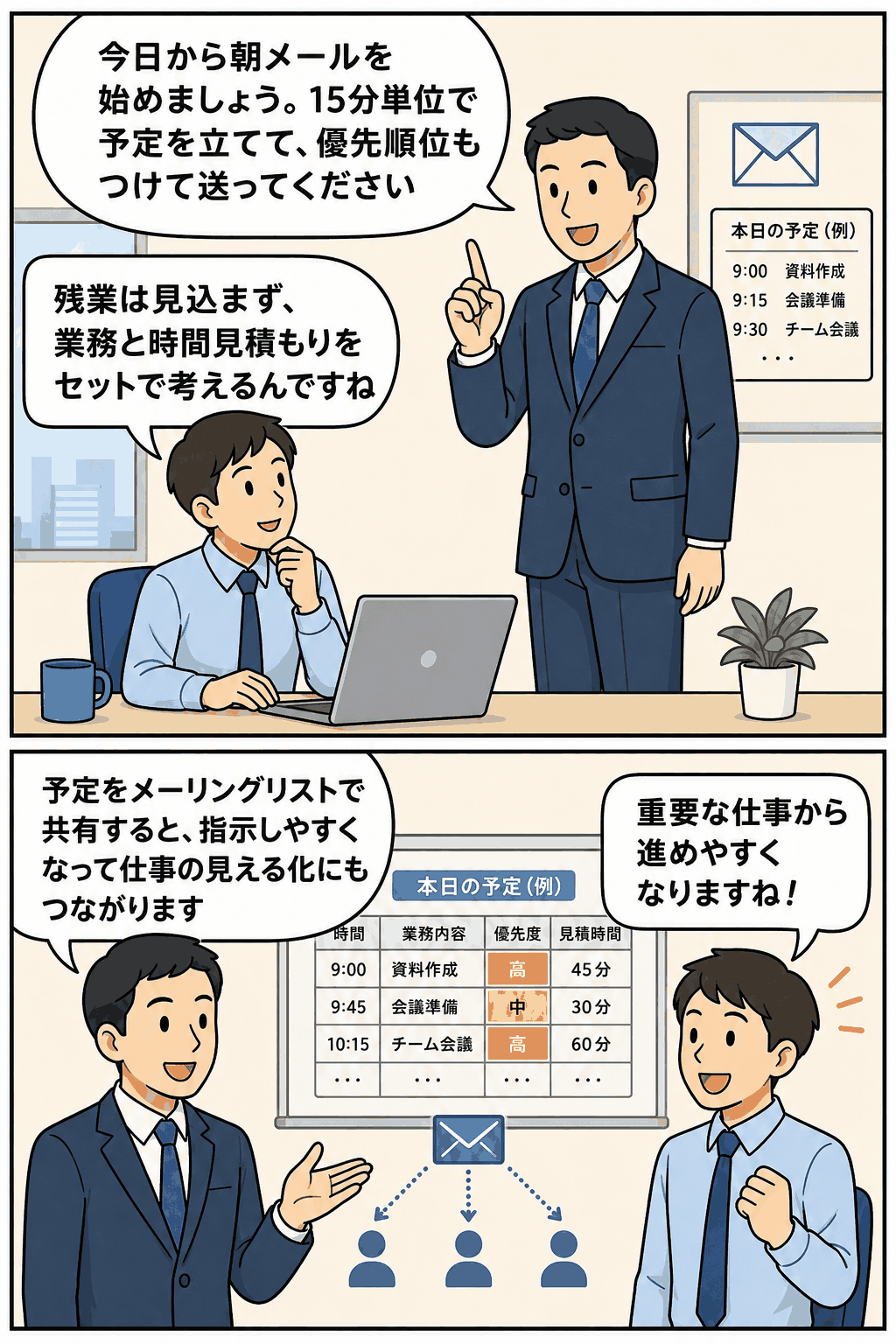 朝メールで15分単位の予定、優先順位、見積時間を共有し、重要な仕事から進める流れを説明する漫画