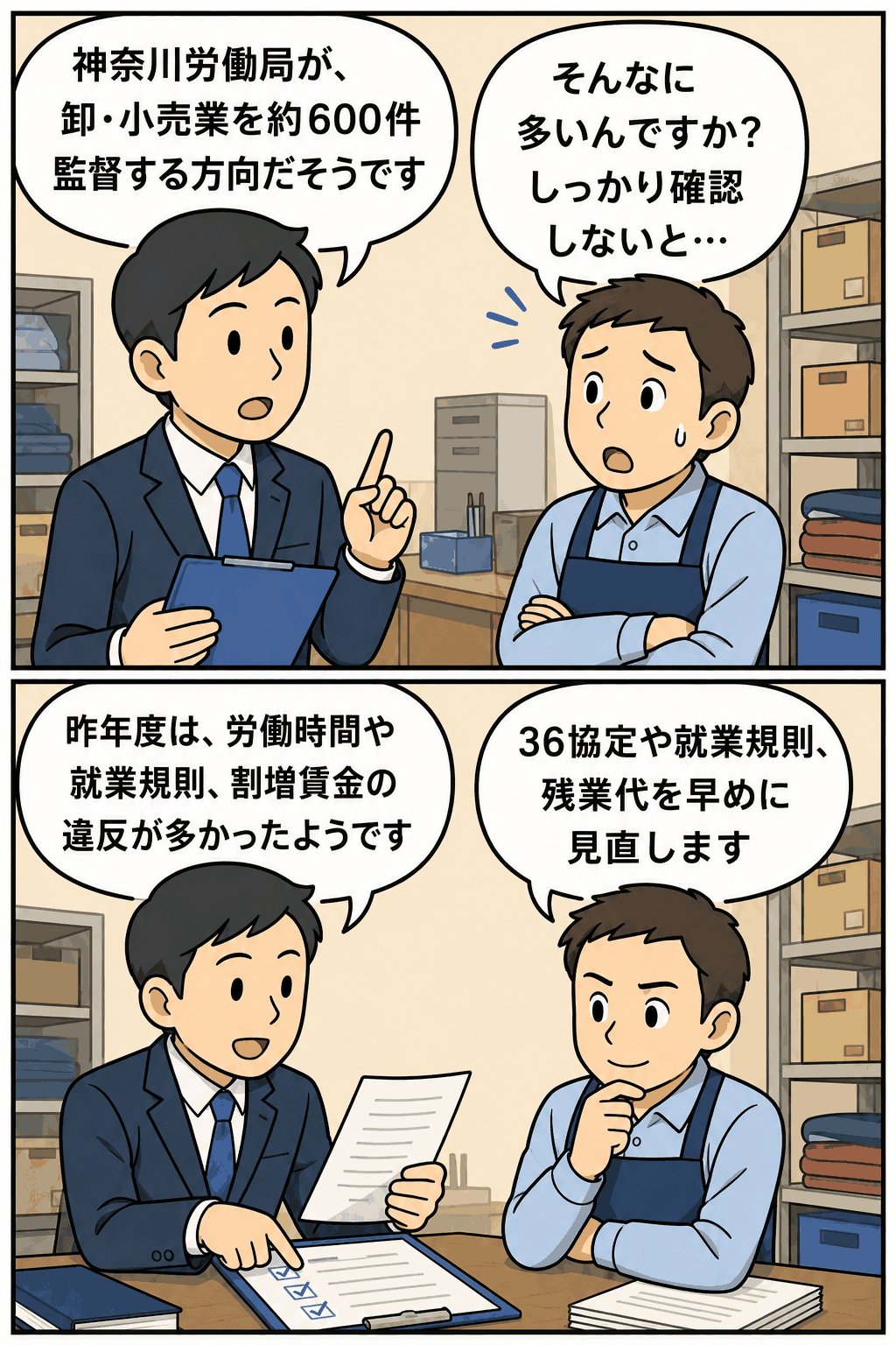 神奈川労働局が平成23年度に卸売業・小売業を約600件監督指導する方針を伝え、36協定や就業規則、残業代など労務管理の見直しを促す漫画イラスト