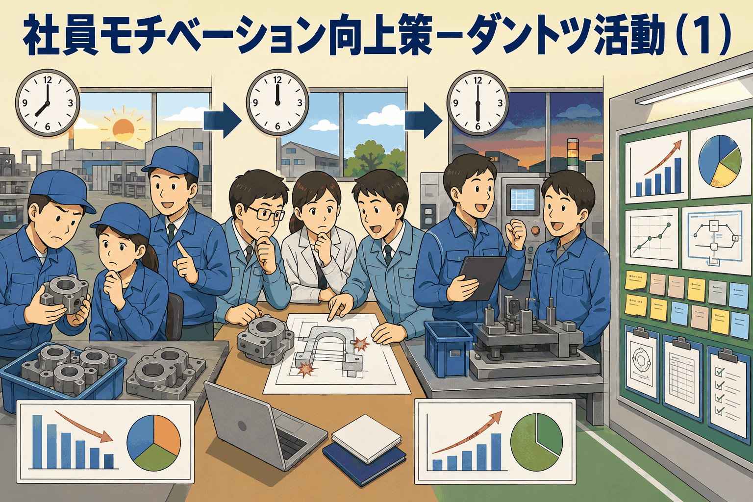 社員モチベーション向上策として、製造・品質保証・生産技術が朝市・昼市・夕市で不良ゼロと設備停止ゼロを目指すダントツ活動