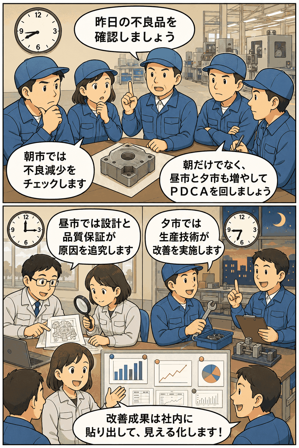 製造現場の朝市・昼市・夕市で不良品を確認し、原因追究と改善を進めるダントツ活動のPDCAサイクル