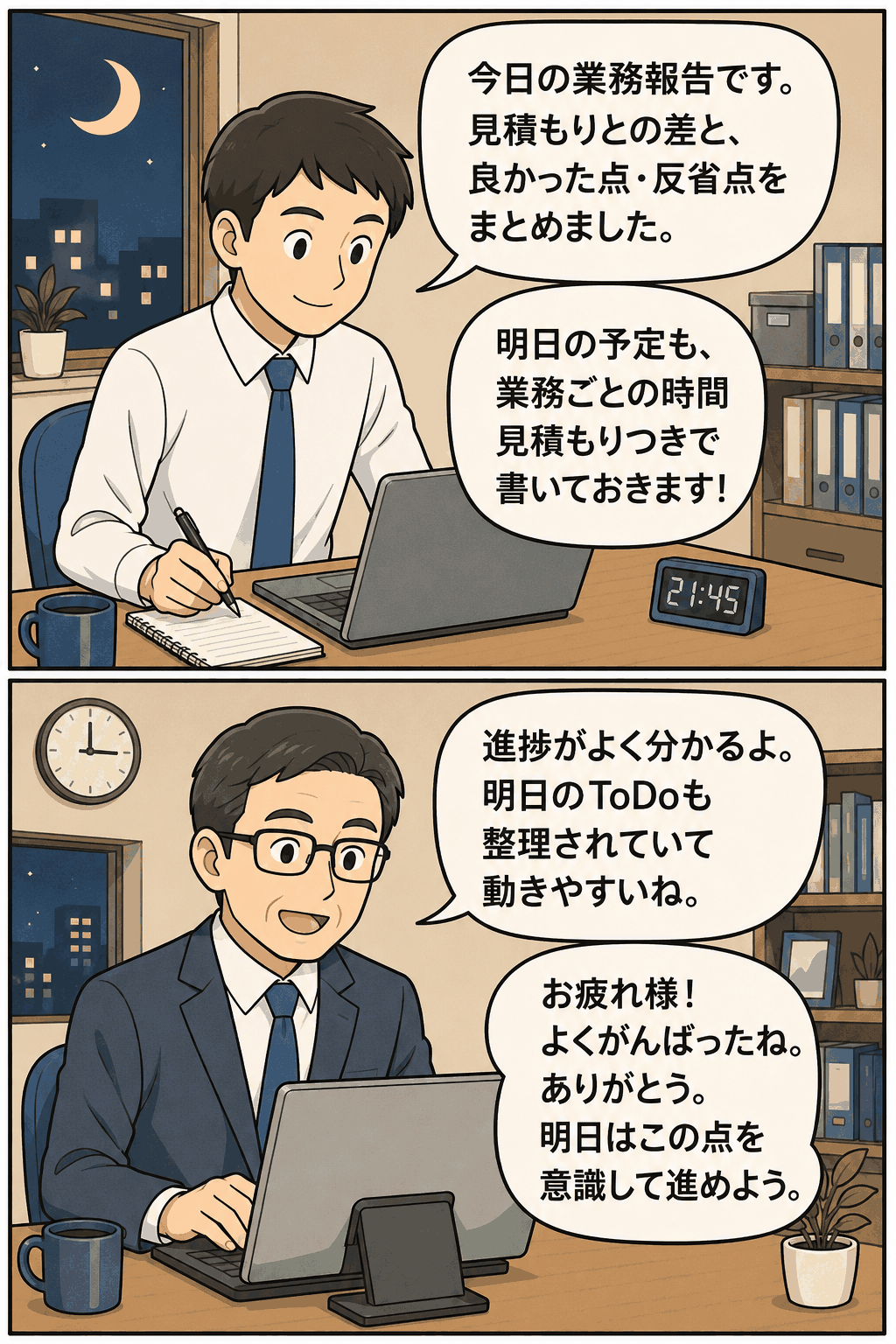 夜メールで社員が業務報告・時間見積もり・良かった点と反省点・翌日の予定を共有し、上司が承認とアドバイス、ねぎらいを返信するイラスト
