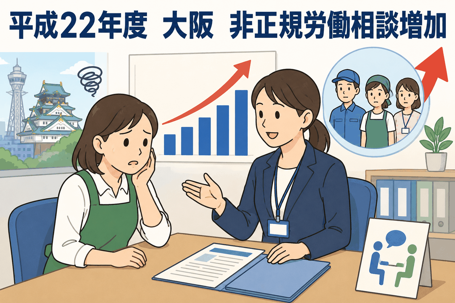 平成22年度の大阪府労働相談で非正規労働者からの相談増加を示すイラスト