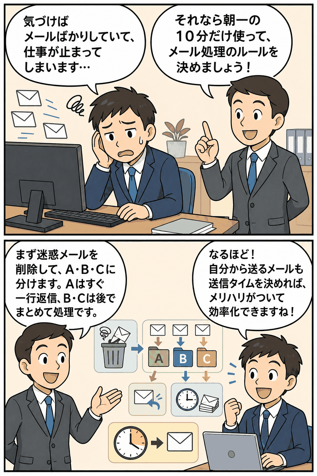朝一10分メールで迷惑メール削除、ABC分類、一行返信、送信タイム設定を行い、メール対応を効率化する仕事術を解説した漫画