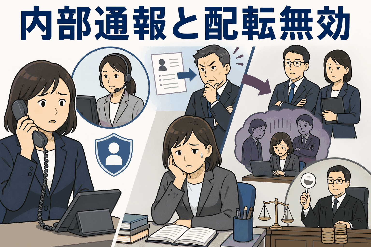 内部通報後に専門外部署へ配置転換された社員が報復人事を受け、裁判で配転無効と判断された事例を解説するアイキャッチ画像