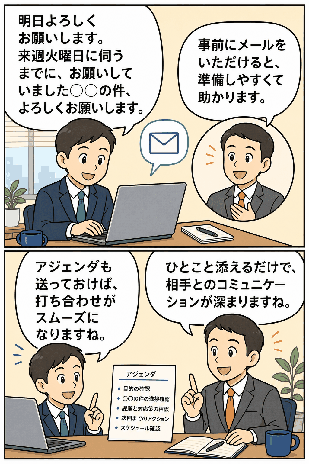 業務効率化につながる仕事術として、訪問前に送る「あすよろメール」とアジェンダ共有で打ち合わせをスムーズにする方法を解説した漫画イラスト