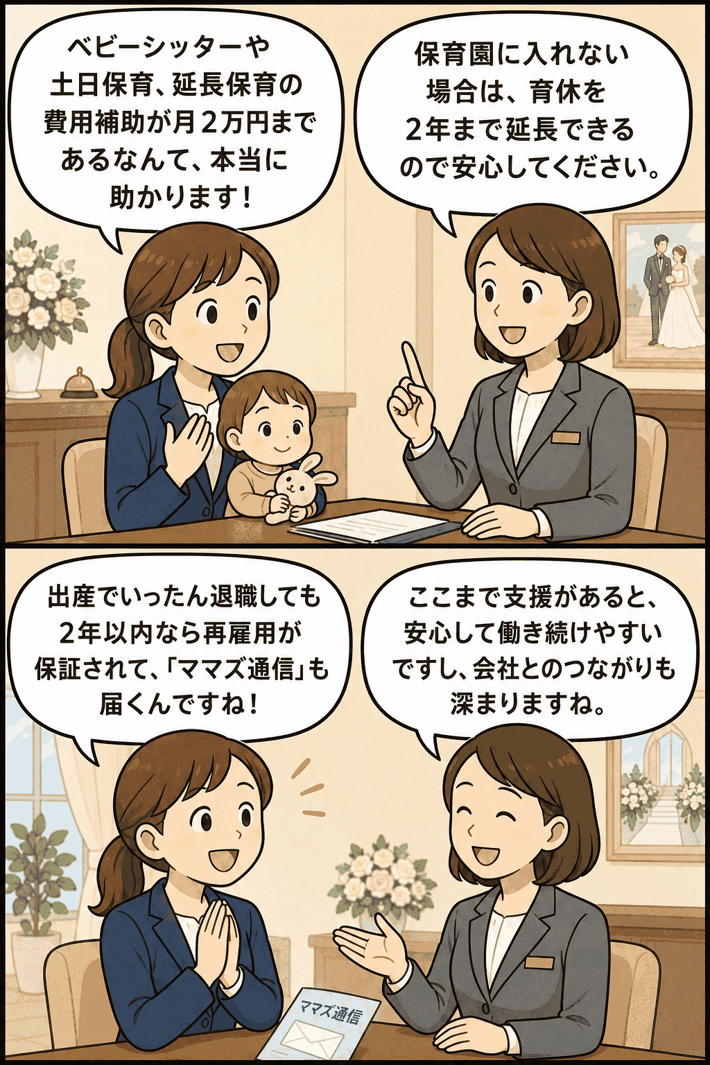 ホテル・ウエディング業界の女性社員支援制度として、保育費用補助・育休延長・再雇用保証・育休者交流を説明するポジティブ・ママズ制度の漫画イラスト