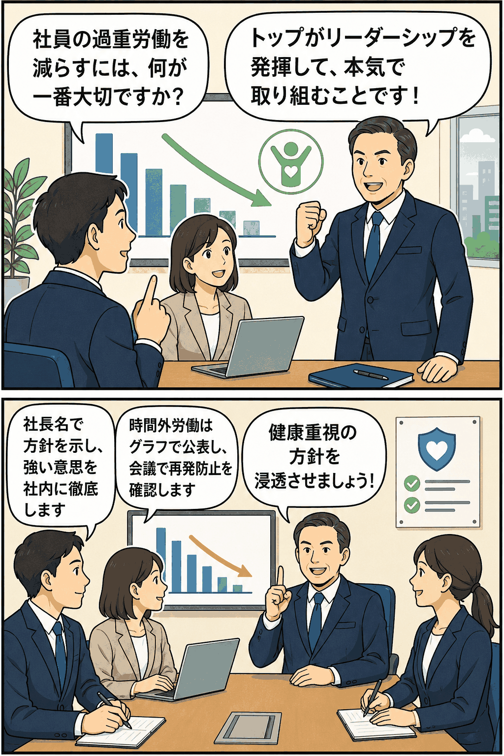 過重労働を減らすために、社長がトップのリーダーシップを発揮し、方針の徹底や時間外労働の見える化を通じて社員の健康を守る事例