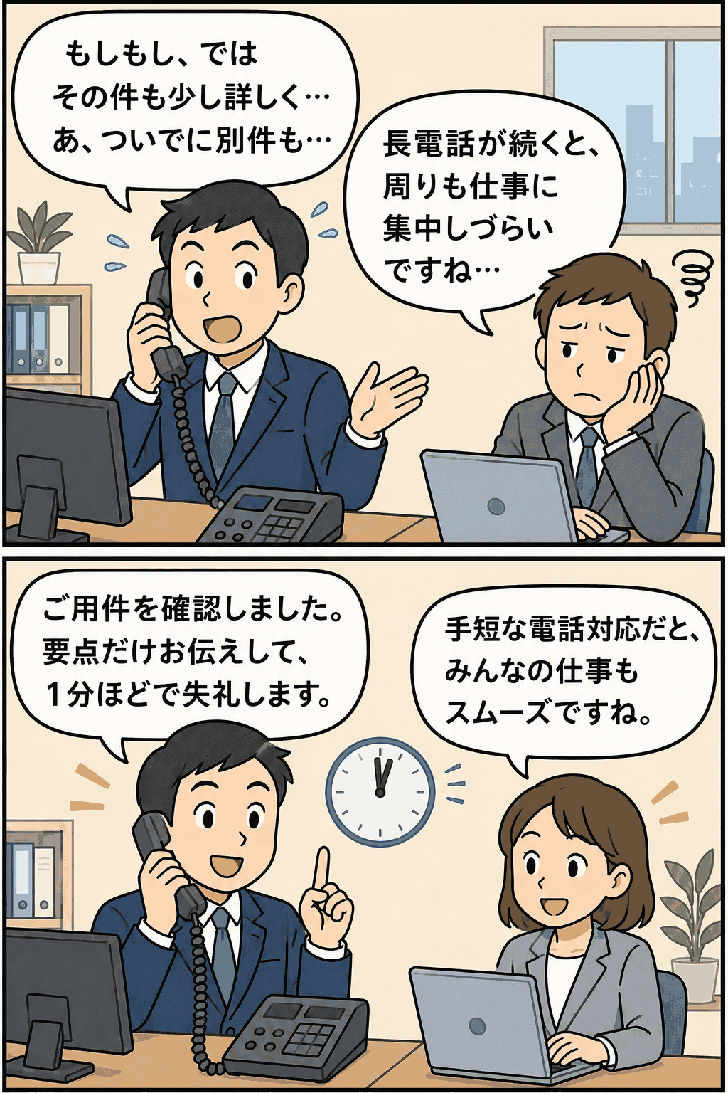 長電話と手短な電話対応を比較し、業務効率化につながる電話の仕事術を解説するビジネス漫画