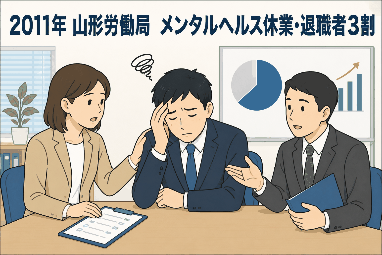山形労働局のメンタルヘルス対策自主点検結果を説明するイラスト。休業者・退職者がいる事業場が3割、対策実施事業場が68.3％であることを示す。