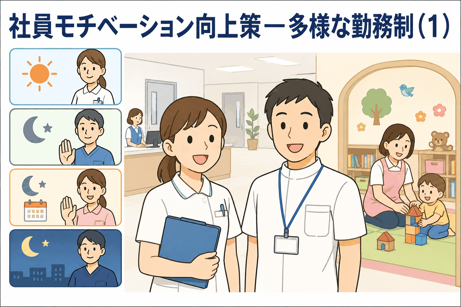 社員モチベーション向上策として、夜勤免除や日勤のみ勤務、夜勤常勤、キッズルームなど多様な勤務制度を紹介する病院スタッフのイラスト