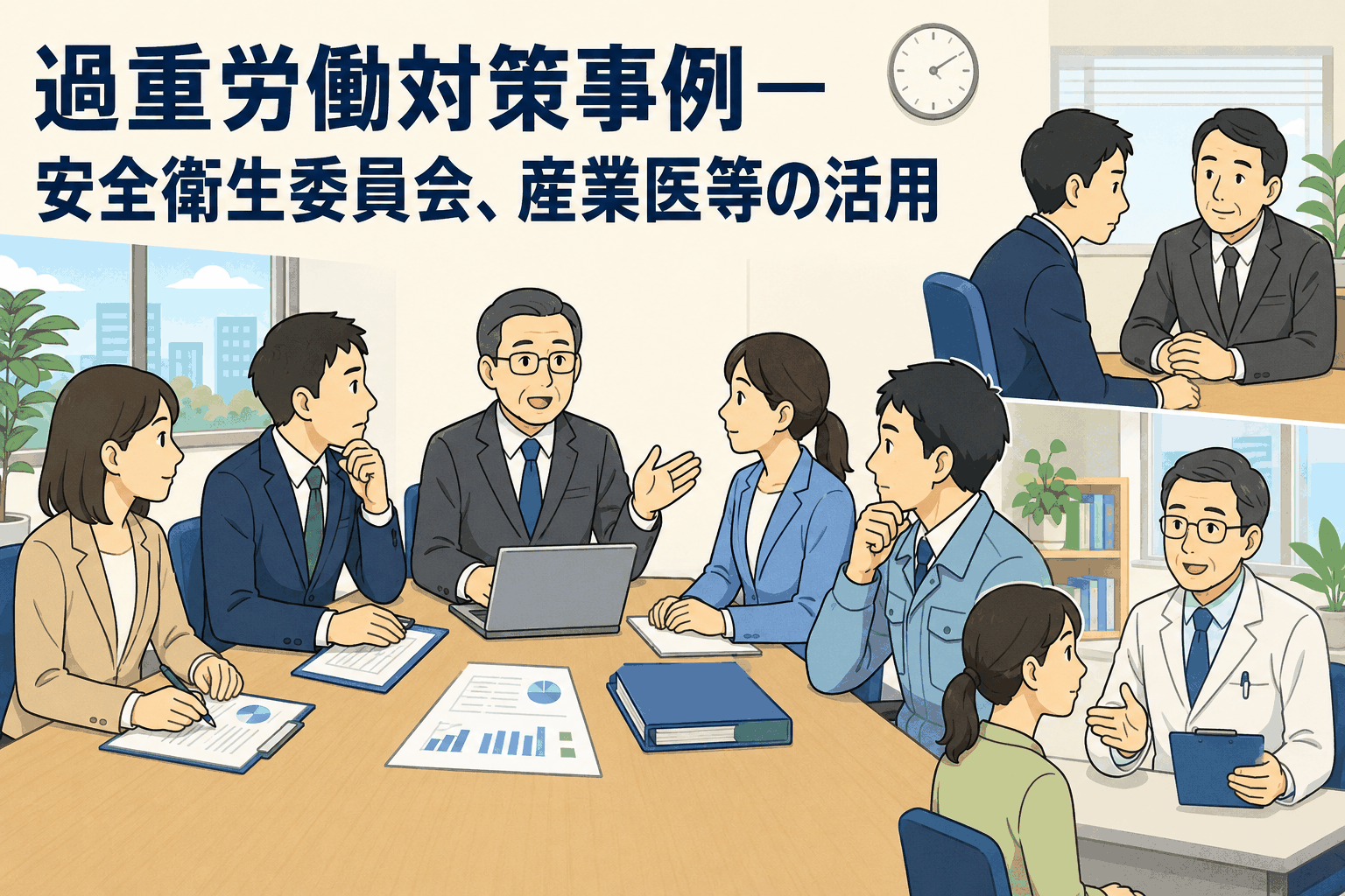 過重労働対策事例として、安全衛生委員会での審議や産業医による面談・健康講話の活用を説明するイラスト