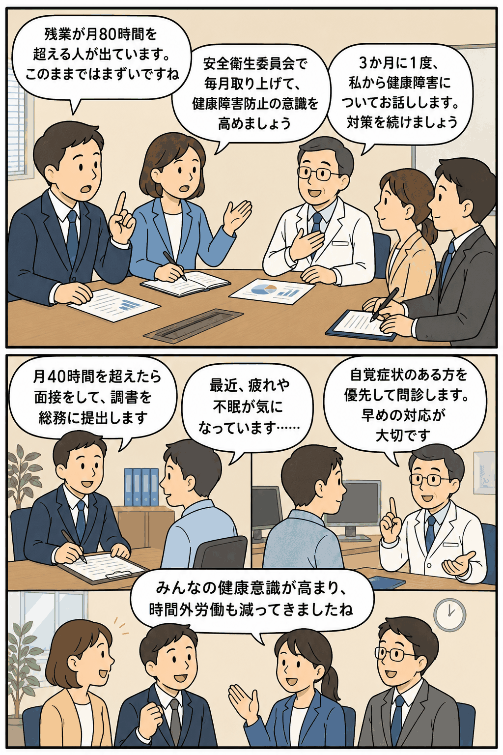 過重労働対策事例として、安全衛生委員会での毎月審議、産業医による健康講話、月40時間超の時間外労働者への面接・問診対応を漫画で解説する画像