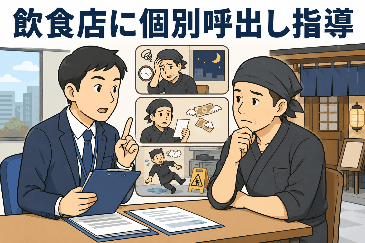 飲食店への個別呼出し指導について、労働基準監督署の担当者が店主に長時間労働や労災防止を説明しているイラスト