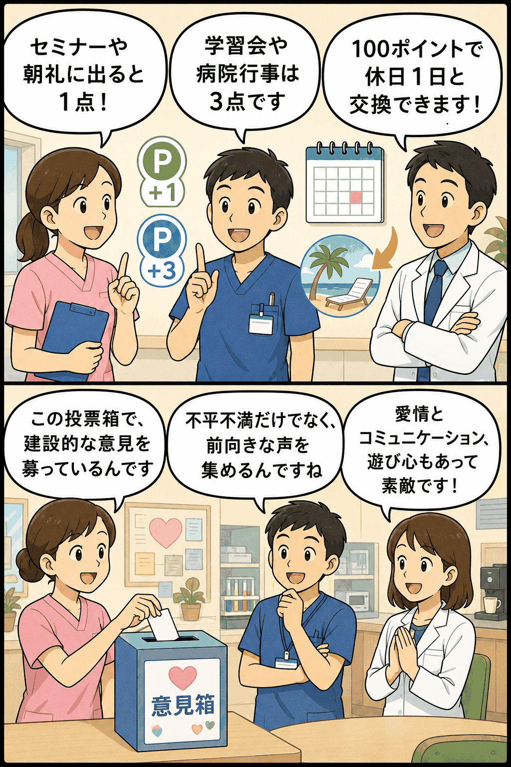 病院の勤務制度として、セミナーや朝礼参加でポイントをためて休日と交換できる制度と、スタッフの建設的な意見を集める意見箱を紹介する漫画風イラスト