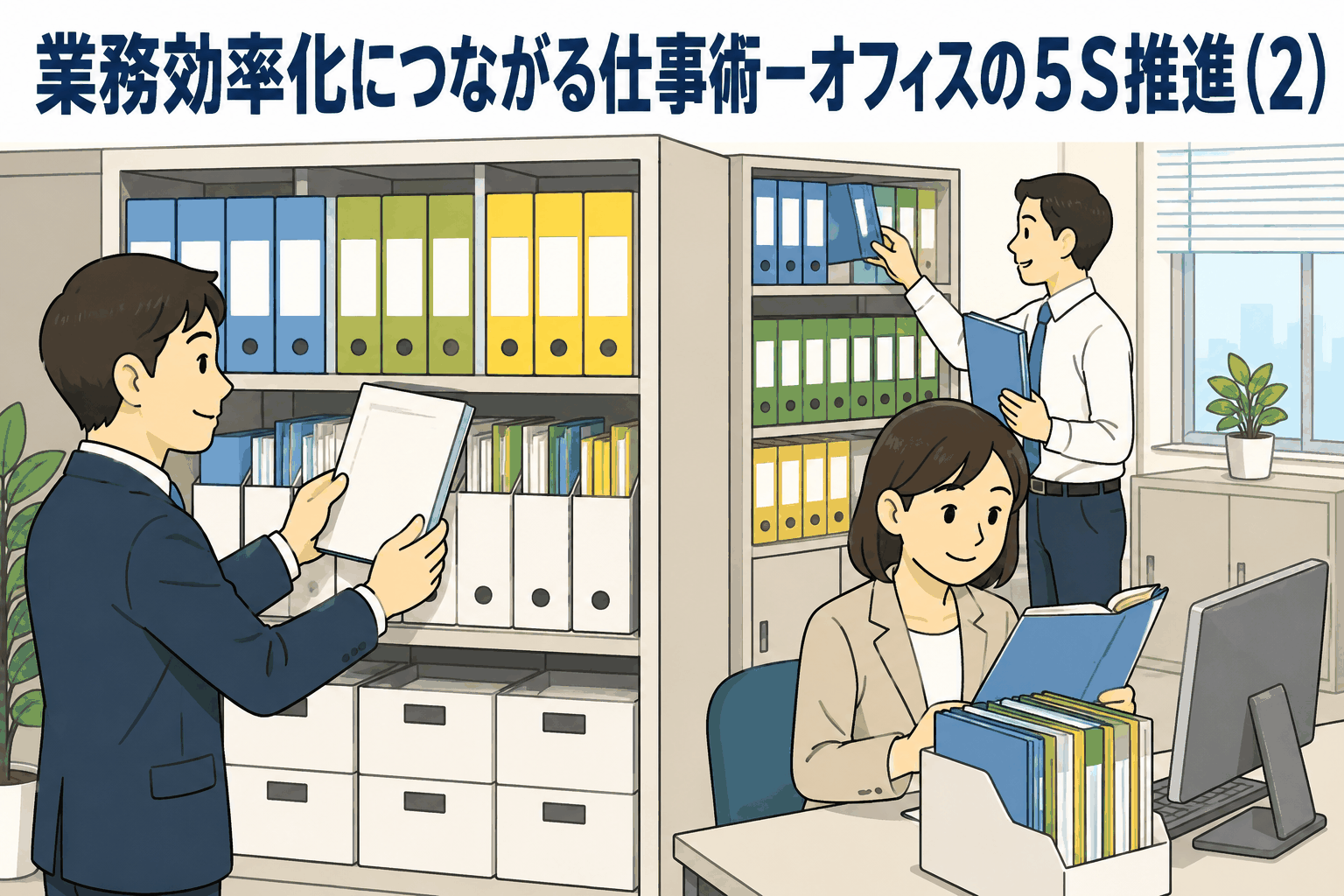 オフィスの5S推進におけるファイリング管理を解説するアイキャッチ画像。社員が書類やファイルを整理し、業務効率化や文書共有を進めている様子。