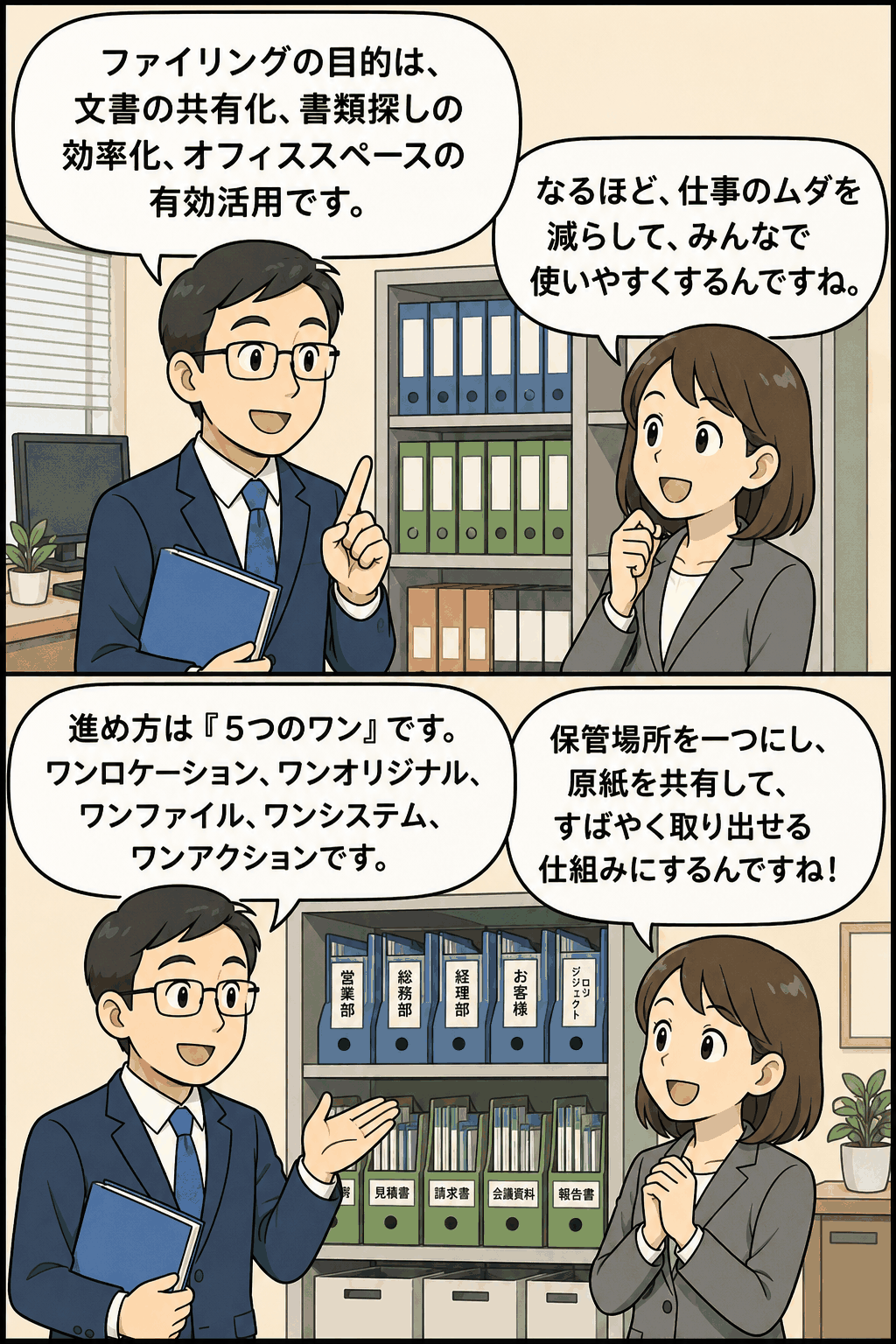 オフィスの5S推進におけるファイリングの目的と「5つのワン」を漫画形式で解説する画像。文書共有、書類探しの効率化、オフィススペースの有効活用について社員が会話している様子。