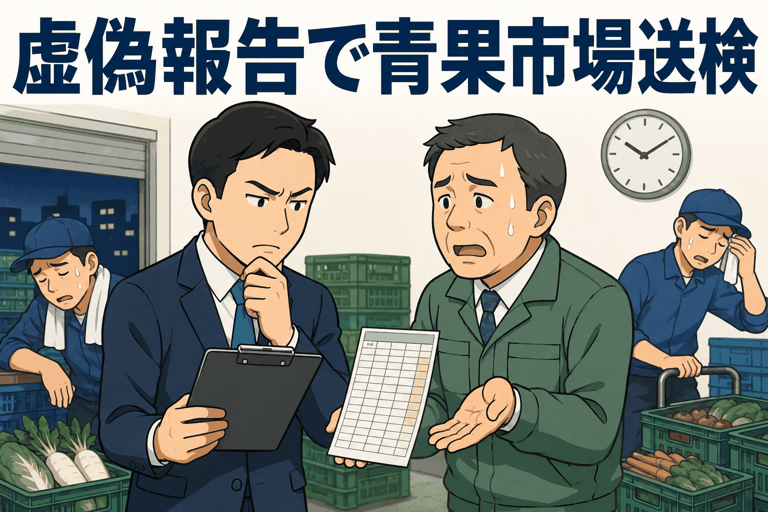 虚偽の是正報告をした青果市場が労基法104条違反等の疑いで書類送検された事例を示すイラスト