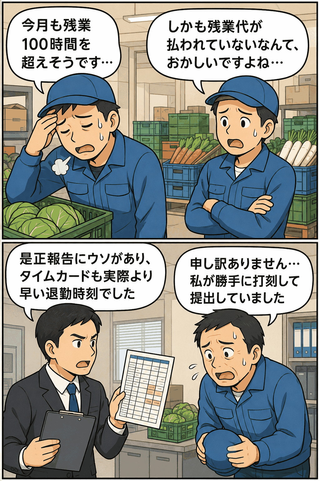 青果市場で月100時間超の残業や未払い残業代、虚偽の是正報告、タイムカード不正打刻が発覚した労基署調査の漫画イラスト