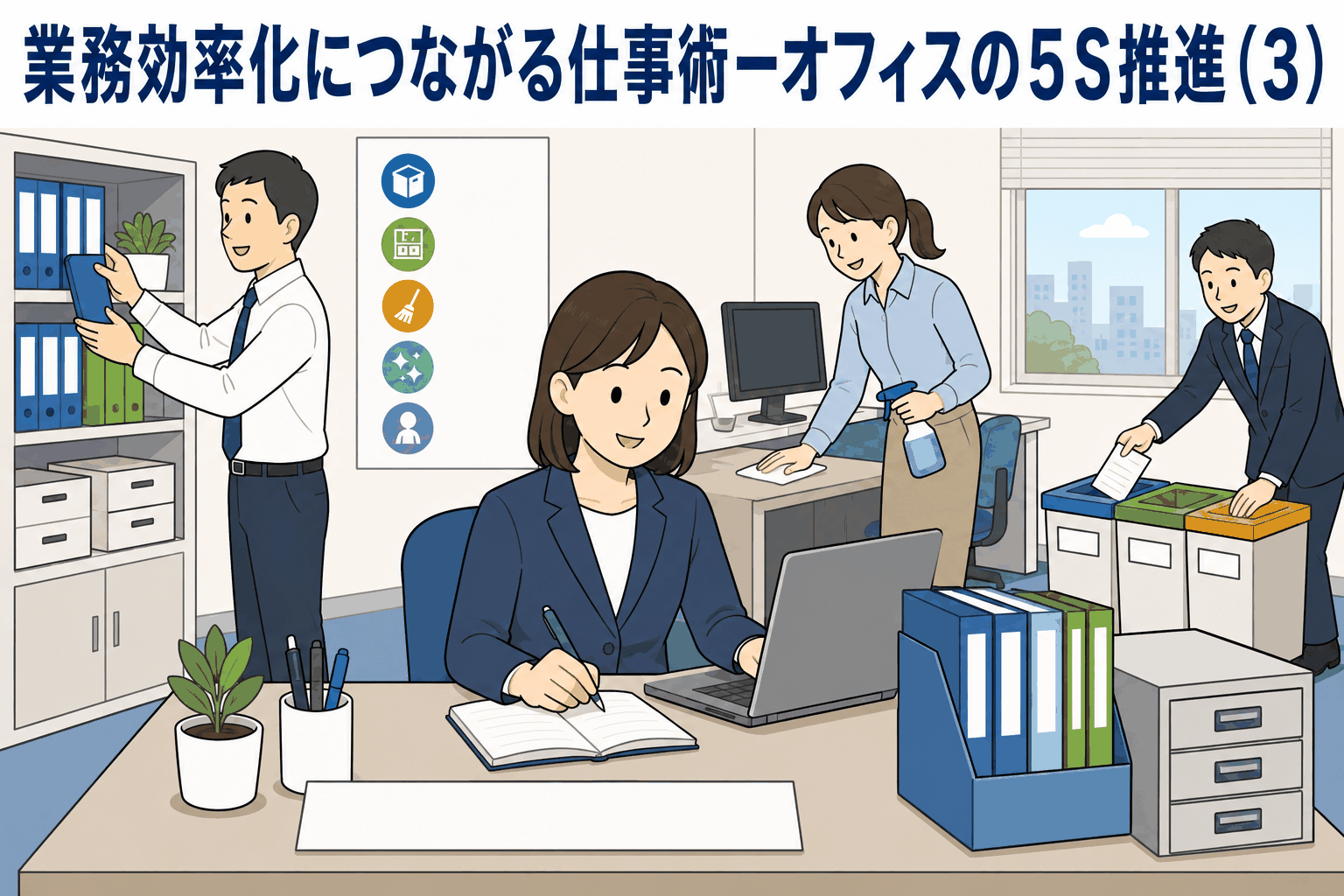 オフィスの5S推進として、デスク整理や書類の片付け、清掃、分別を行う社員たちのイラスト