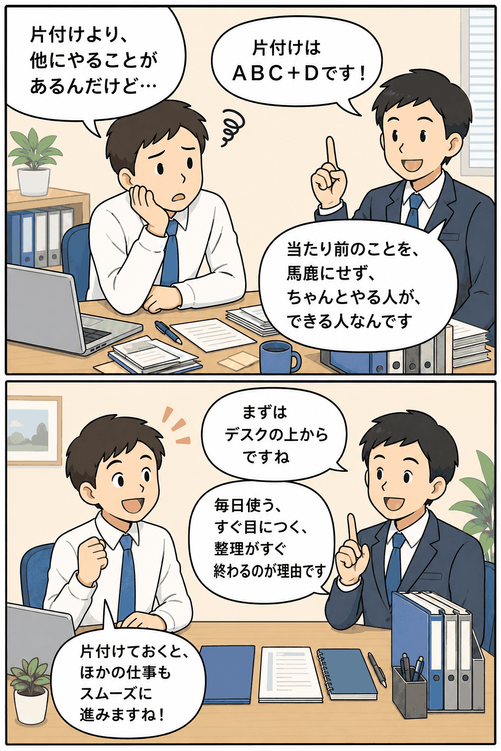 オフィスの5S推進で、片付けはABC＋Dと説明し、まずデスクの上から整理する重要性を伝える漫画イラスト