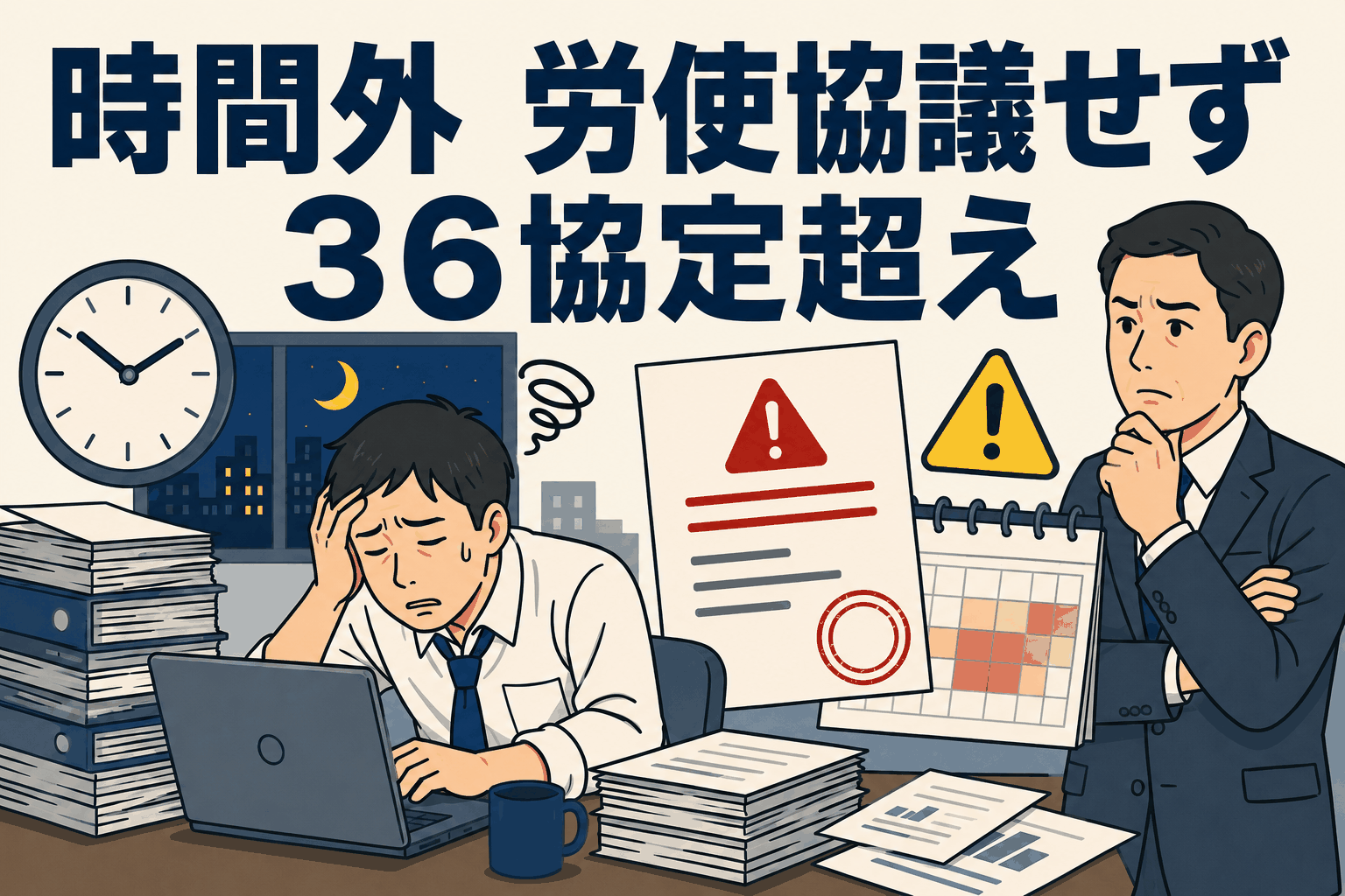 36協定違反により札幌中央労基署から是正勧告を受けた会社の時間外労働問題を示すイラスト