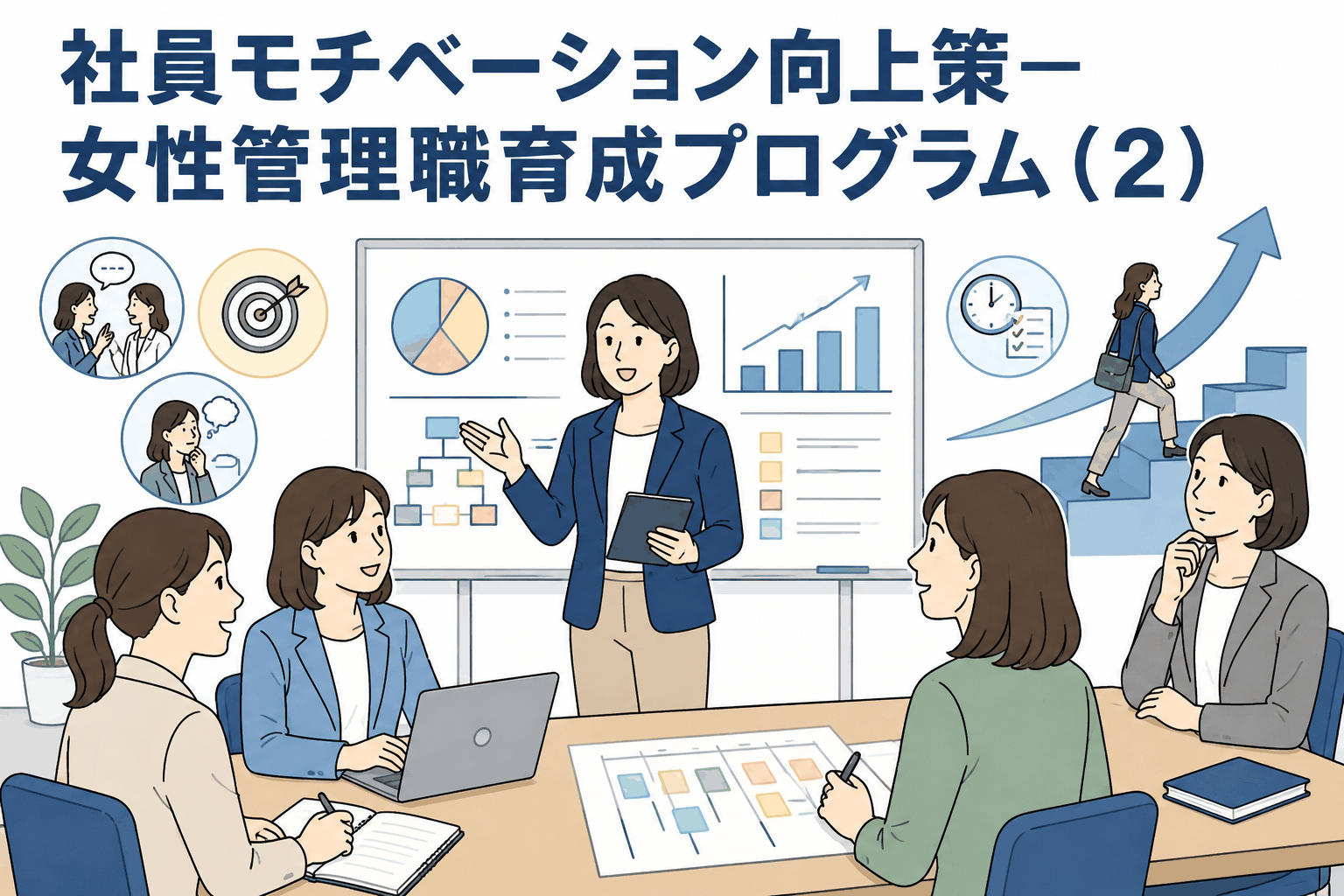 医薬品・化学品企業の女性管理職育成プログラムで、女性社員が研修を通じてキャリアアップやマネジメント能力向上を学ぶ様子