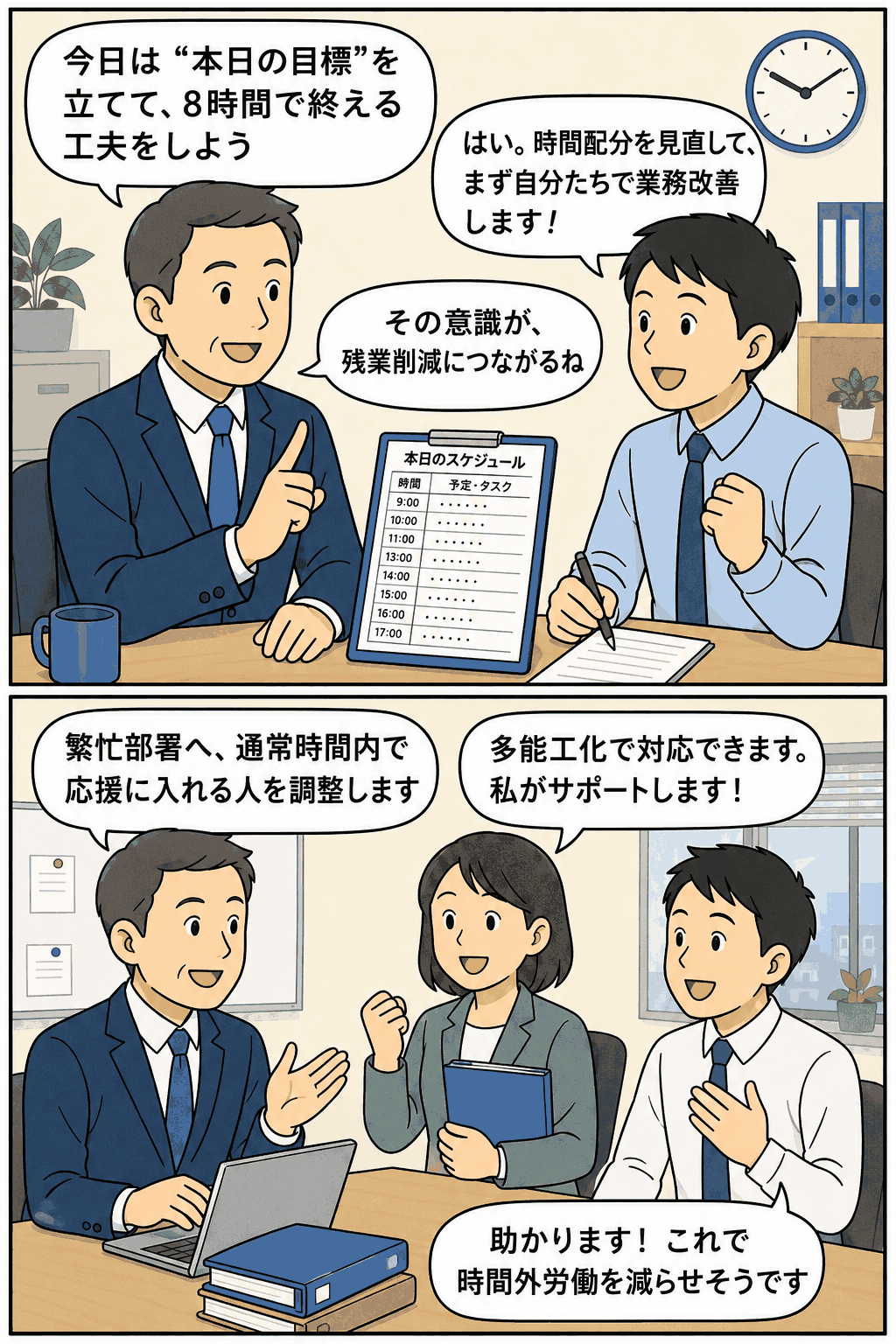 過重労働対策の業務改善事例を説明する漫画イラスト。チャレンジ8による本日の目標設定と、多能工化による繁忙部署への応援体制を表現。