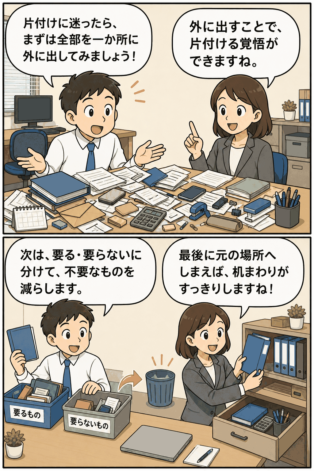 オフィスの5S推進における整理の4ステップとして、物を外に出し、要る・要らないに分け、不要なものを減らし、元の場所へしまう流れを解説する漫画イラスト