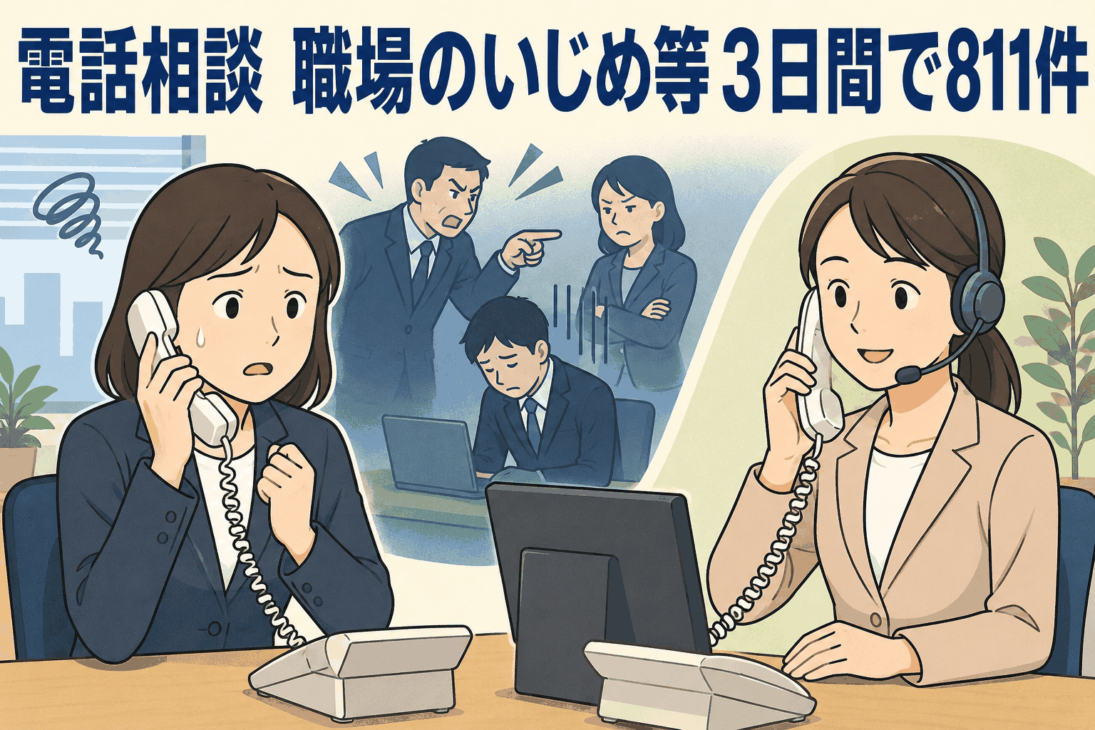 働く人の電話相談室に寄せられた811件の相談結果を示すイラスト。職場のいじめや人間関係、メンタル不調に悩む相談者と対応するカウンセラー
