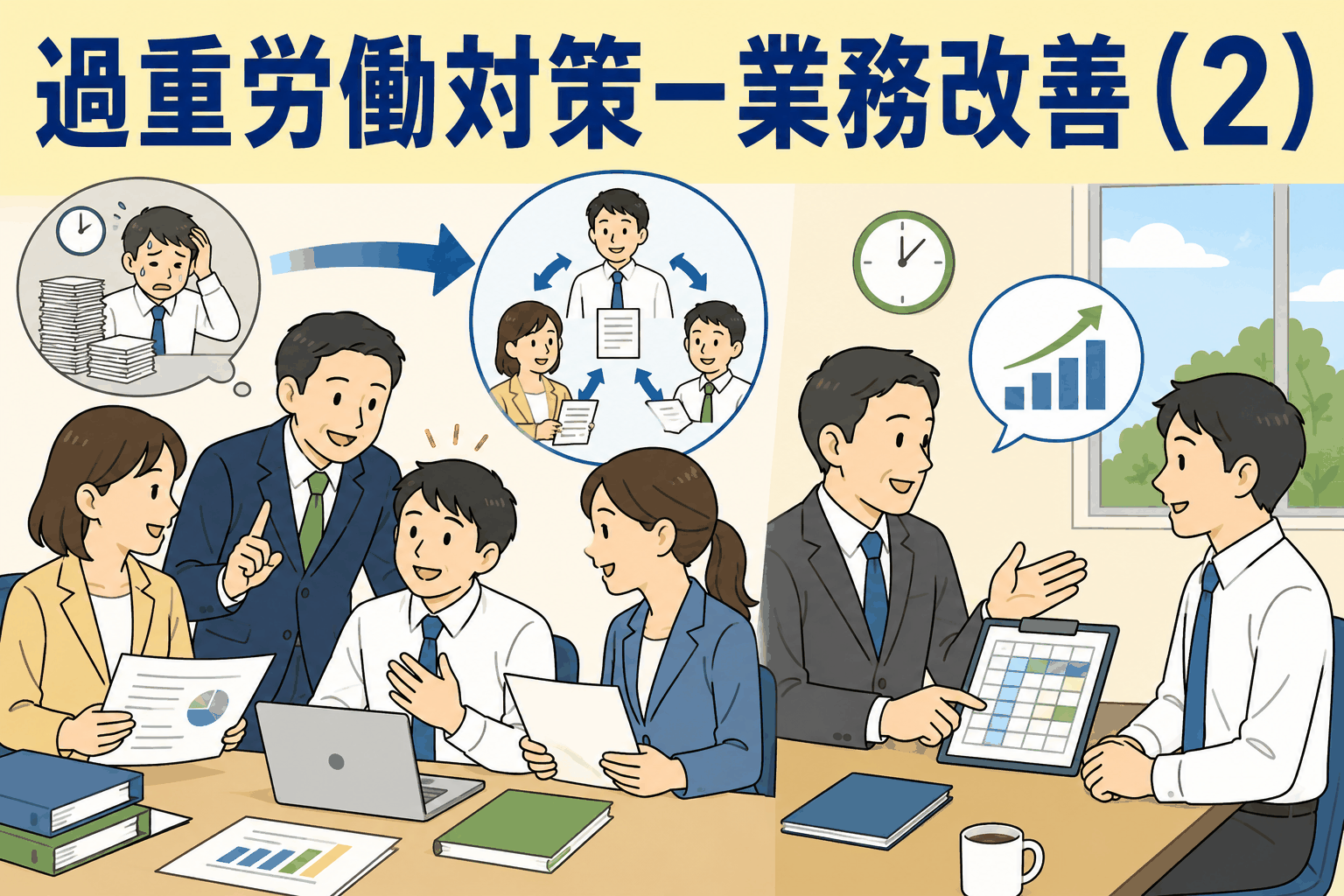過重労働対策として業務改善や業務分担を行い、社員のメンタルヘルス不調を防止する職場のイラスト