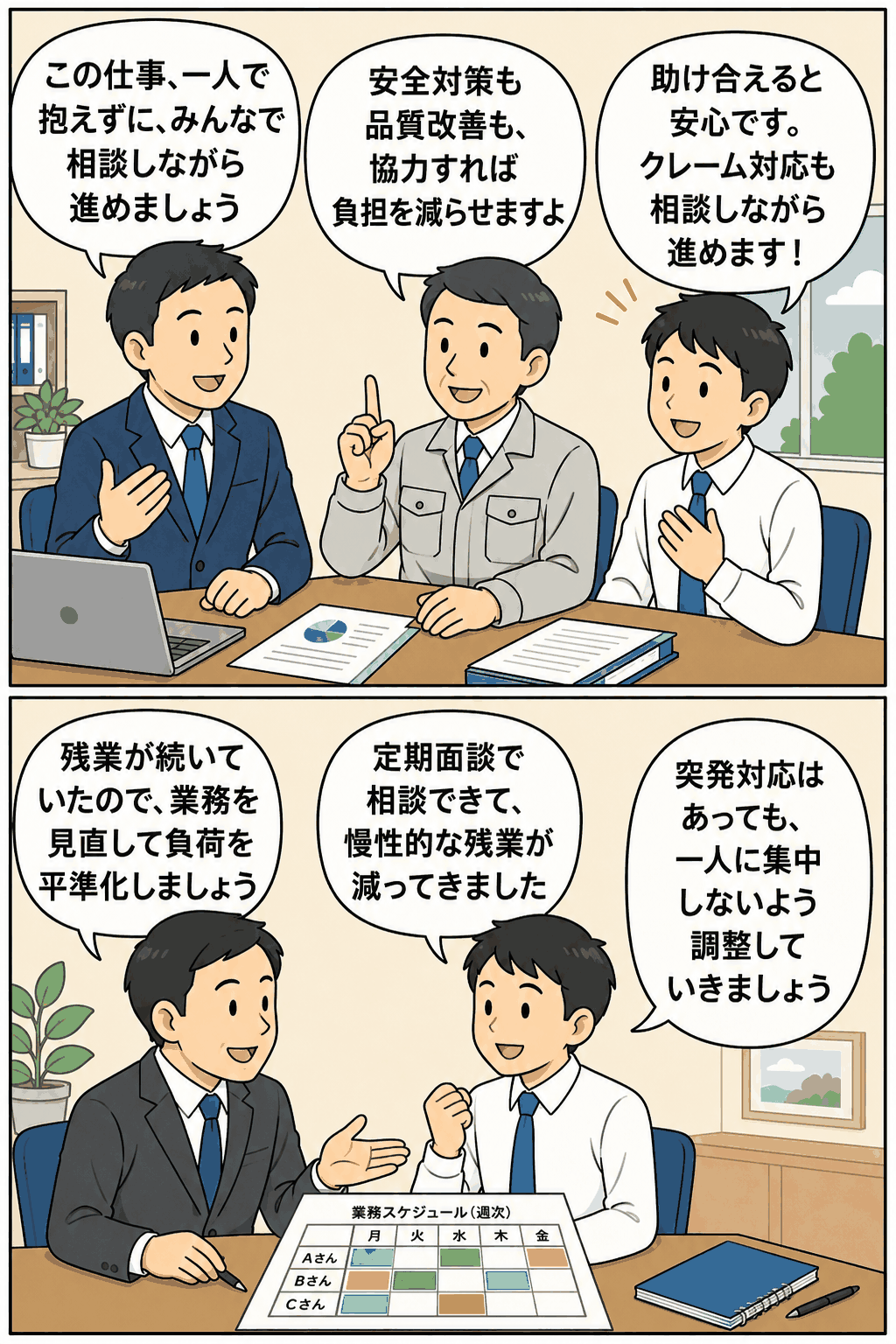 過重労働対策として相談しながら業務を分担し、時間外労働の見直しで負荷を平準化する職場の漫画イラスト