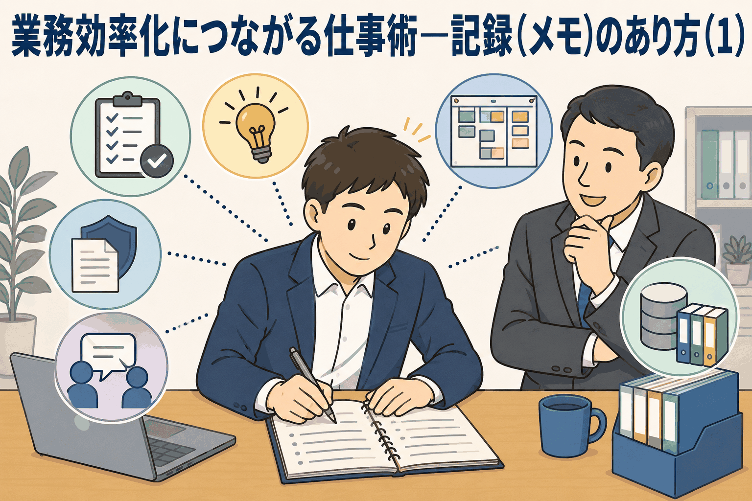 業務効率化につながる仕事術として、記録やメモの重要性と6つのメリットを解説するイラスト