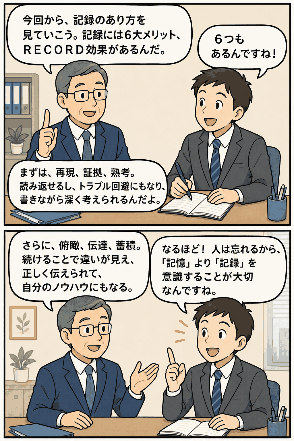 記録・メモの6大メリットであるRECORD効果を、上司と部下の会話形式でわかりやすく解説するビジネス漫画