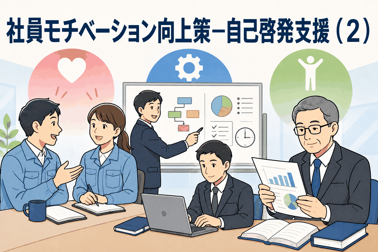 社員モチベーション向上策として、心・技・体をテーマにした自己啓発研修に取り組む社員と管理職のイラスト