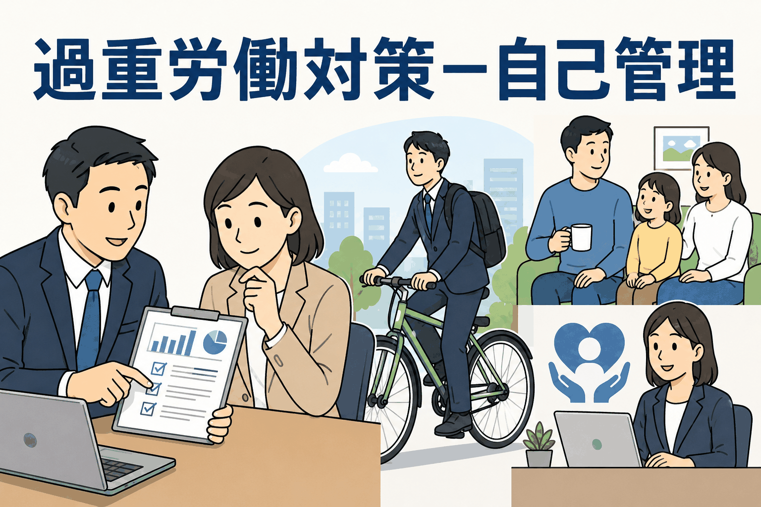 過重労働対策として日報チェックや個別指導、徒歩・自転車通勤を通じて社員の健康促進と自己管理を支援するイラスト