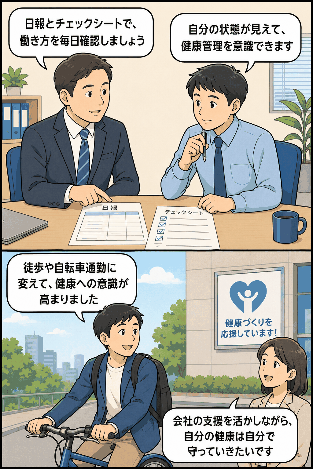 日報とチェックシートによる個別指導、徒歩・自転車通勤の奨励を通じて、社員の健康管理と自己管理意識を高める事例を描いた漫画イラスト