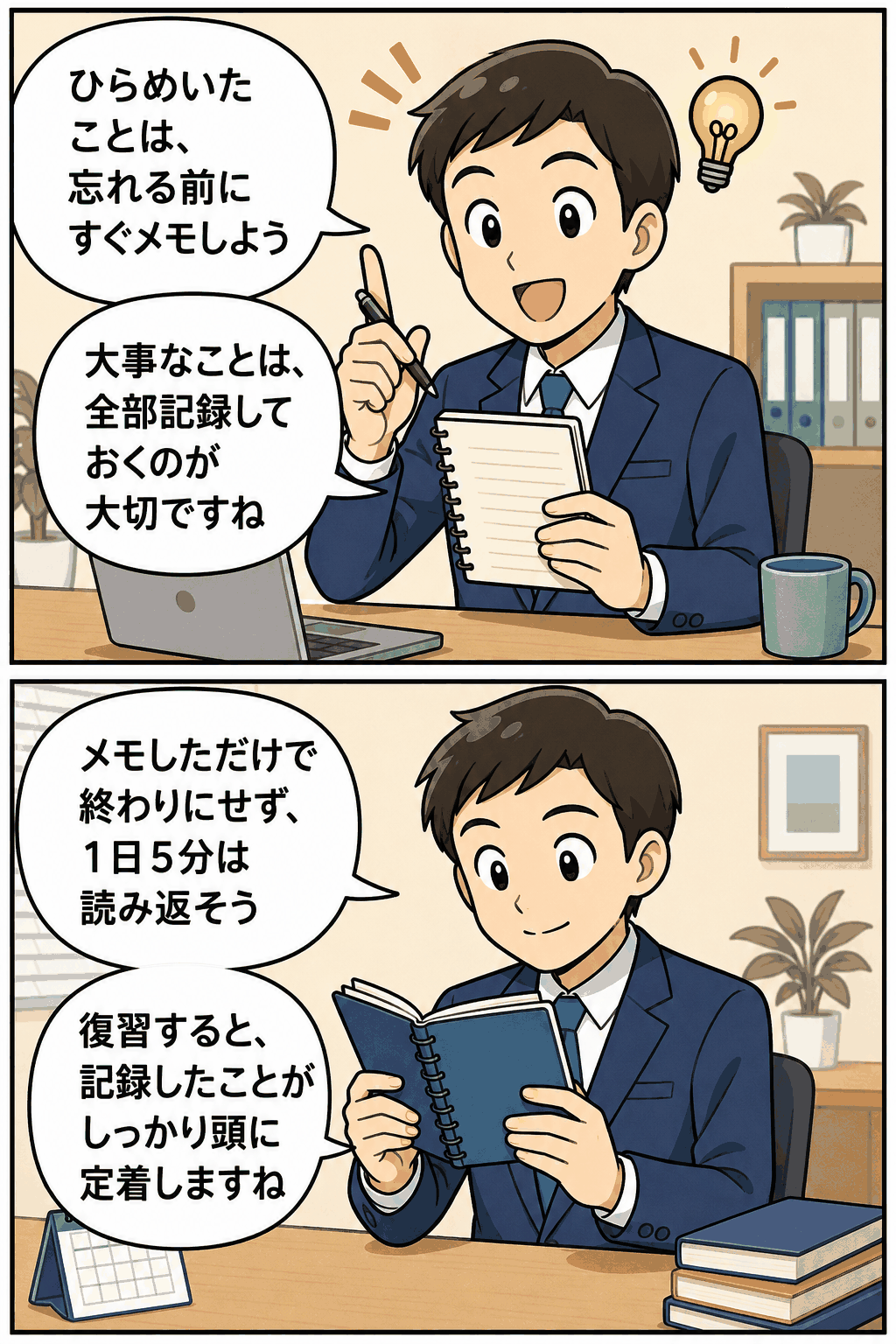 ひらめいたことや大事なことを忘れる前にメモし、1日5分読み返して記録を定着させる仕事術を解説する漫画風アイキャッチ画像。