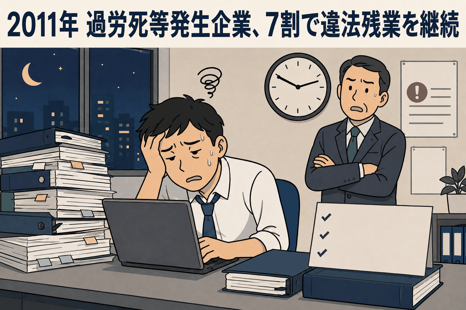 2011年の過労死等発生企業における違法残業の実態を示す、深夜まで働く社員と監督者のイラスト