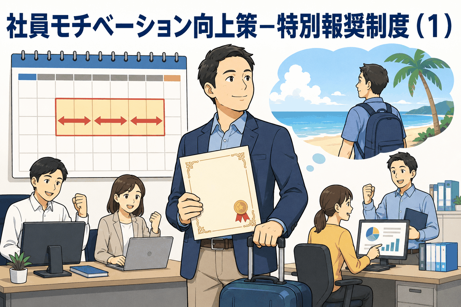 社員モチベーション向上策として、勤続5年ごとに4週間の特別休暇を付与する特別報奨制度を紹介するイラスト