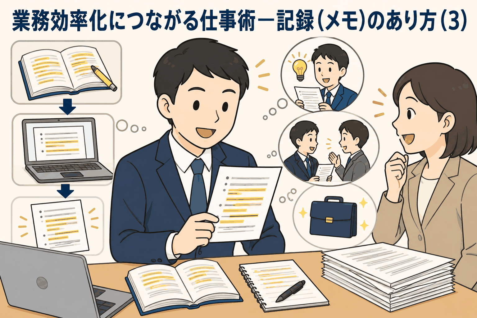 レバレッジメモの作り方と活用法を解説するアイキャッチ画像。読書で線を引いた内容をパソコンに入力し、印刷して持ち歩き、仕事効率化や自己成長につなげる様子。