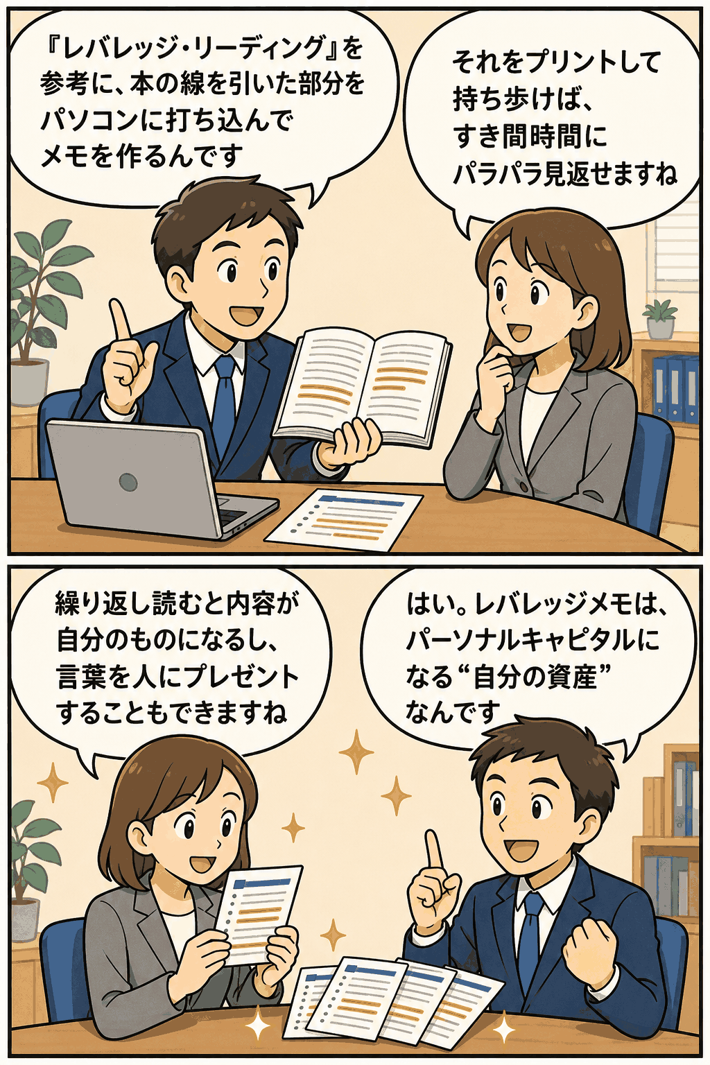レバレッジ・リーディングを参考に、本の重要部分をパソコンでメモ化し、印刷して持ち歩くレバレッジメモの作り方とメリットを漫画で解説する画像。