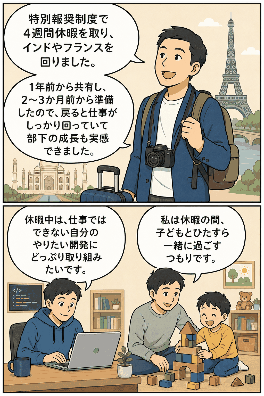 勤続5年ごとに4週間の特別休暇を付与する特別報奨制度の活用事例。社員が海外旅行、自己開発、子どもとの時間を通じて成長や働きがいを実感する漫画風イラスト。