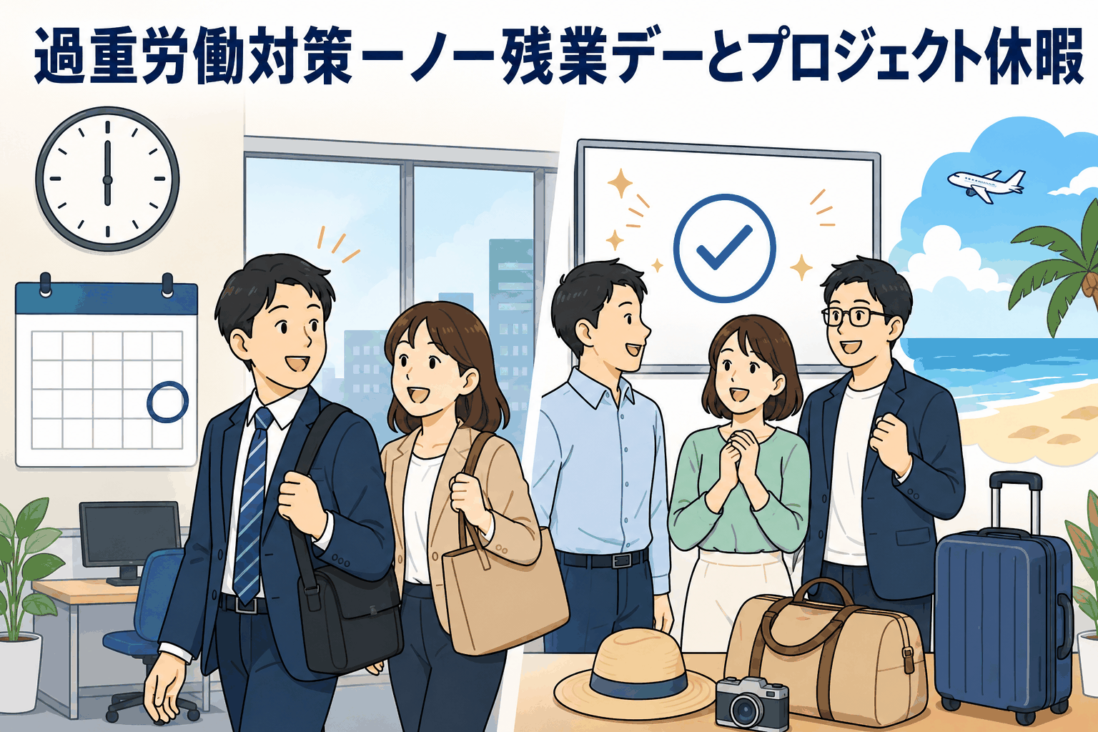 過重労働対策としてノー残業デーとプロジェクト休暇を導入する企業の就業規則イメージ